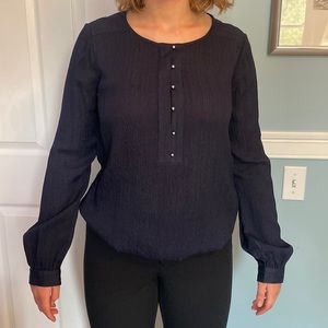 Tory Burch navy blue silver button down blouse.